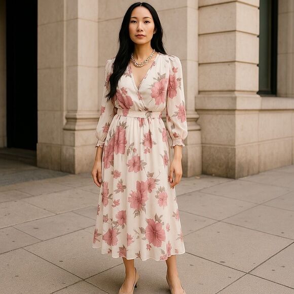 Kate & Lily Pink and Red Pleated Maxi Floral Dress with Waistband - Picture 1 of 7